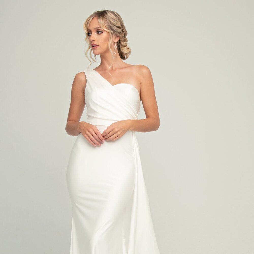 NEW LONG ONE SHOULDER SLEEVELESS SHEATH DRESS WITH SIDE CAPE SKIRT & ZIP 387